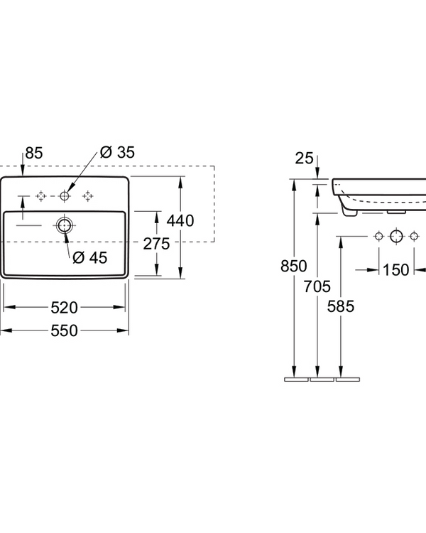 Avento 550 Semi Recessed Basin 1 Tap Hole
