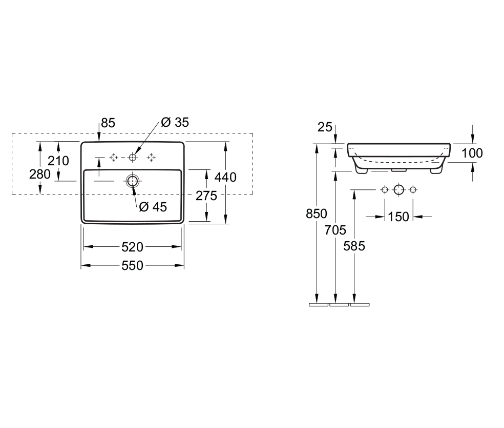 Avento 550 Semi Recessed Basin 1 Tap Hole