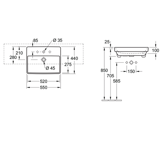 Avento 550 Semi Recessed Basin 1 Tap Hole