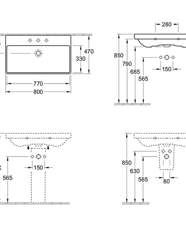 Avento 800 Wall Basin 1 Tap Hole