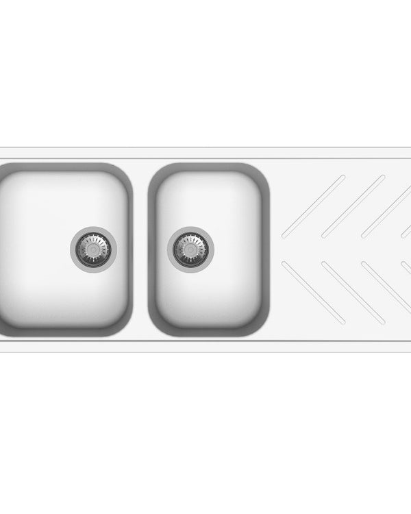 White Carysil New Beethoven D200 Granite 1 and 3/4 Bowl with Drain Board Stone Kitchen Sink 1160*500mm