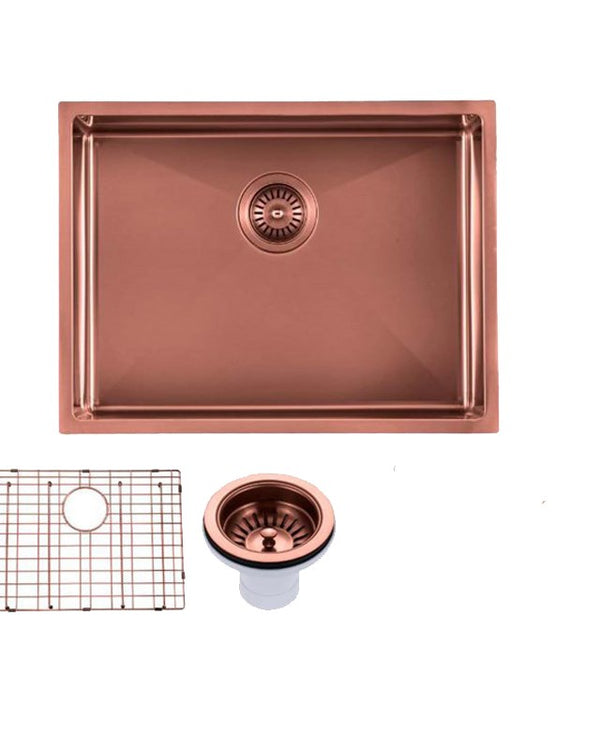 Round Corner Stainless Steel Copper PVD Coating Single Bowl Kitchen Sink(with Bottom Grid) 600*450*230mm