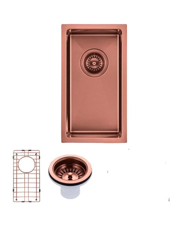 Round Corner Stainless Steel Copper PVD Coating Single Bowl Kitchen Sink(with Bottom Grid) 250*450*215mm