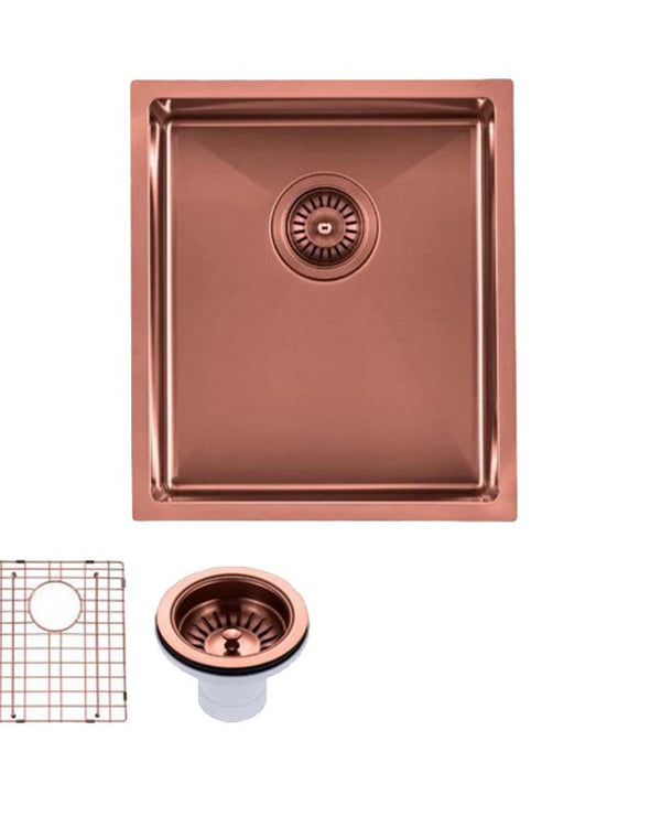 Round Corner Stainless Steel Copper PVD Coating Single Bowl Kitchen Sink(with Bottom Grid) 390*450*215mm