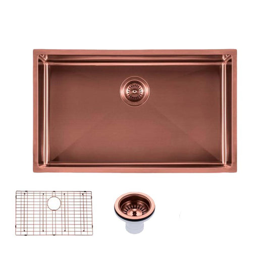 Round Corner Stainless Steel Copper PVD Coating Single Bowl Kitchen Sink(with Bottom Grid) 762*457*254mm