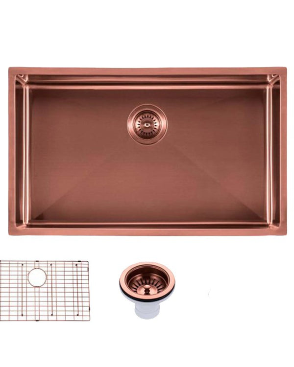 Round Corner Stainless Steel Copper PVD Coating Single Bowl Kitchen Sink(with Bottom Grid) 762*457*254mm