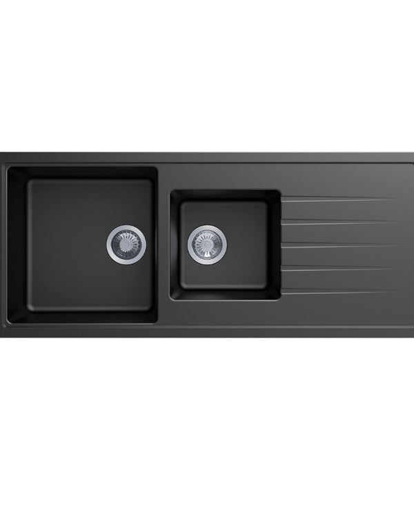 1160x500mm Black Carysil Granite 1 & 1/2 Bowl Kitchen Sink