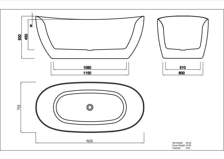 Valla Acrylic Free Standing Bathtub LK-VL1600