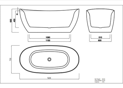 Valla Acrylic Free Standing Bathtub LK-VL1600