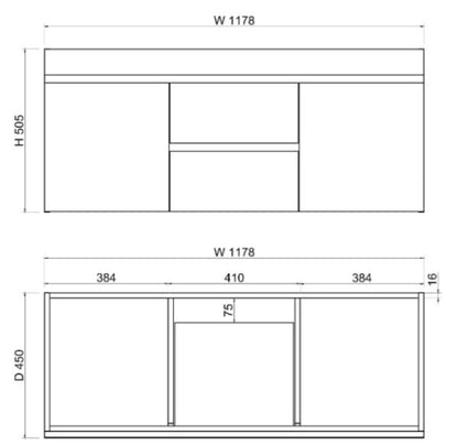 Less 1200mm Gloss White Double Bowl Wall Hung Vanity with Ceramic Top
