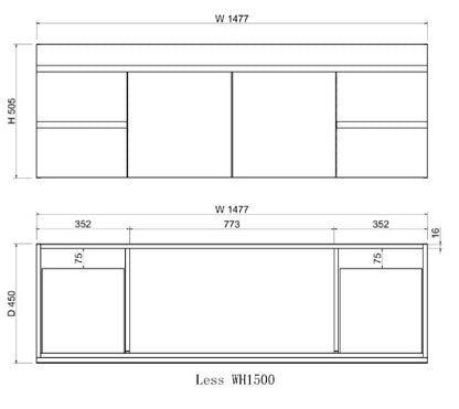 Less 1500mm Gloss White Double Bowl Wall Hung Vanity with Ceramic Top