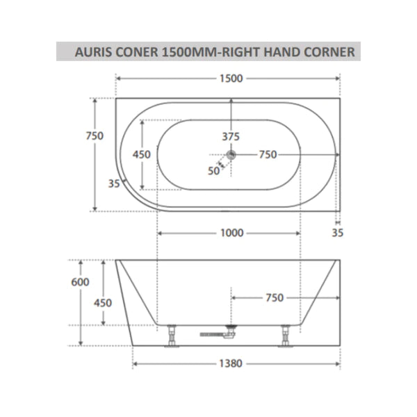 Auris 1500mm right hand corner (matte whte)