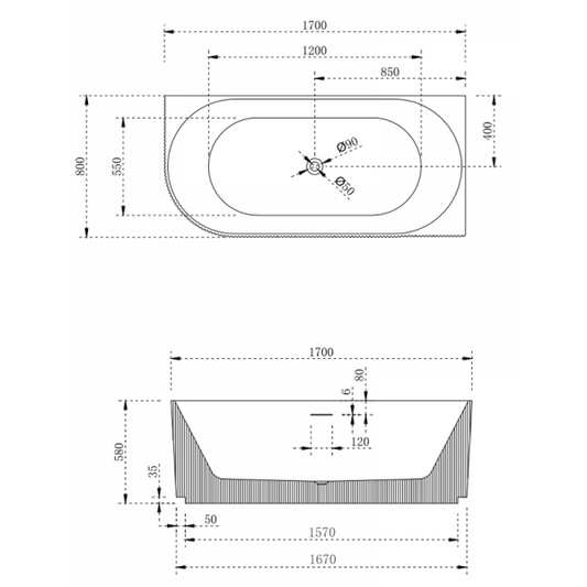 V-groove 1700mm right hand corner (matte white)