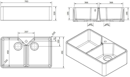 Chester 80x50 1TH Double Bowl Fireclay Sink (Overflow)