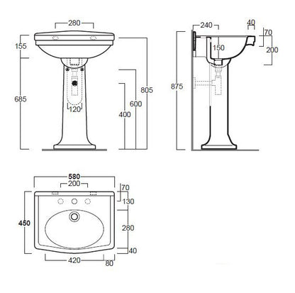 Claremont 58x45 Basin & Pedestal - 1TH