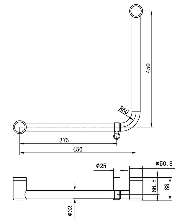 MECCA CARE 32MM AMBULANT 90DEGREE BENT TUBE GRAB RAIL 450X450MM BRUSHED NICKEL