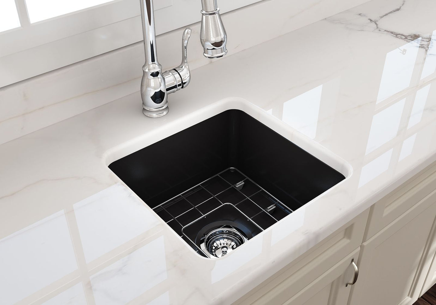 Cuisine 46x46 Inset / Undermount Fireclay Sink Matte Black with Overflow