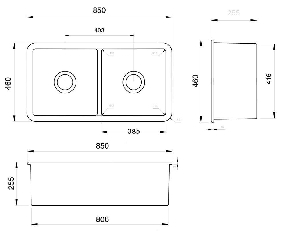Cuisine 85 x 49 Double Bowl Inset / Undermount Fine Fireclay Sink - Matte White