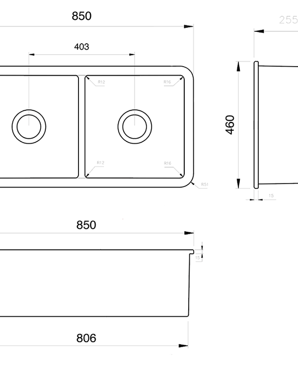 Cuisine 85 x 46 Inset / Undermount Fine Fireclay Sink - Matte Black