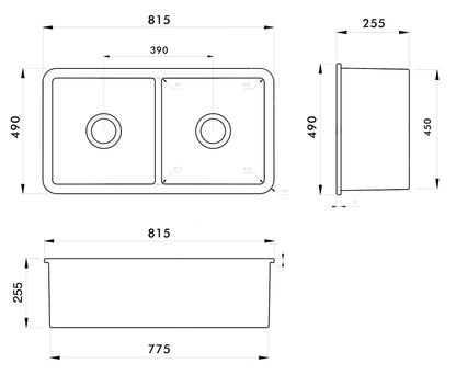 Cuisine 81 x 49 Double Bowl Inset / Undermount Fine Fireclay Sink - Matte Black