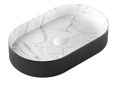 Kensington Oval 580x360x120 Matte Black & White Carrara Basin