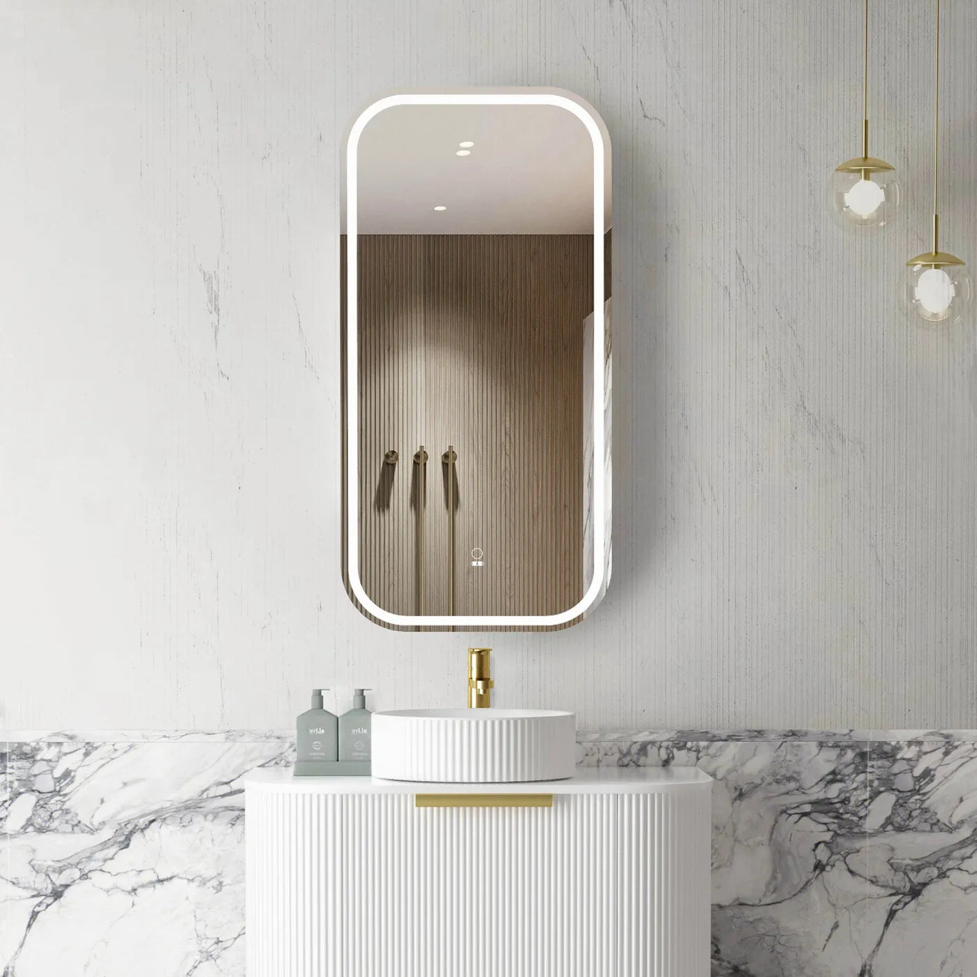 LED Newport 900x450 Natural Oak Shaving Cabinet Soft Square