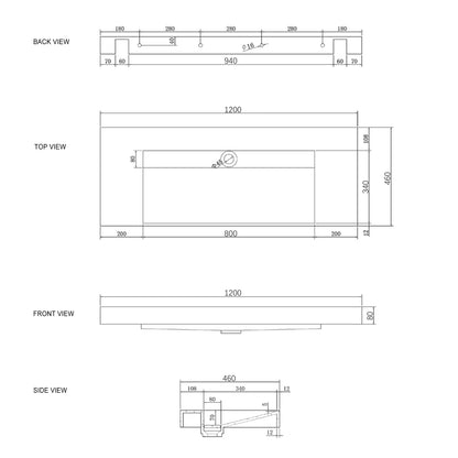 Moonlight 1200mm Solid Surface Top