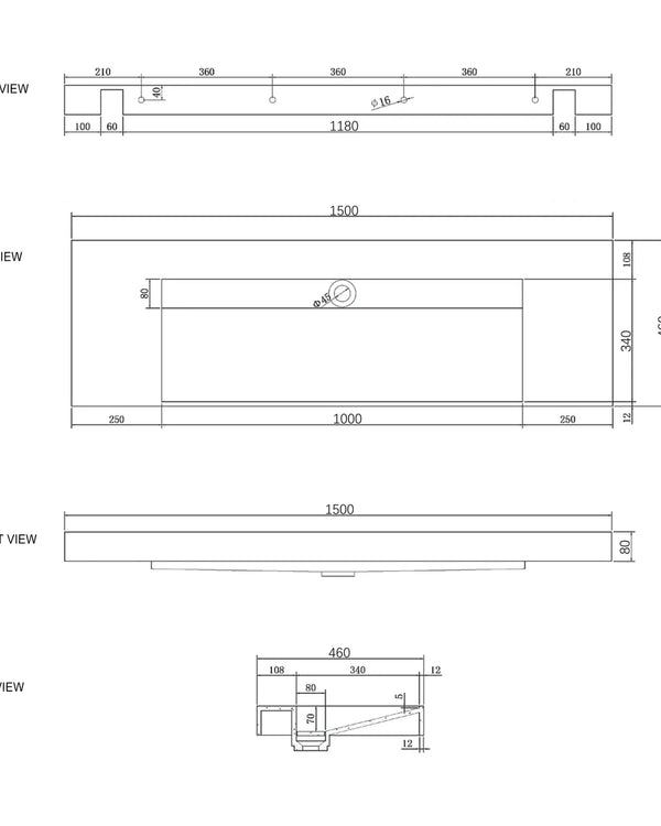 Moonlight 1500mm Solid Surface Top