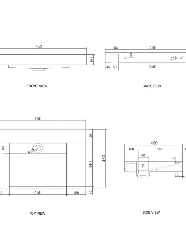 Moonlight 750mm Solid Surface Top