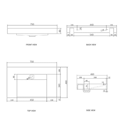 Moonlight 750mm Solid Surface Top
