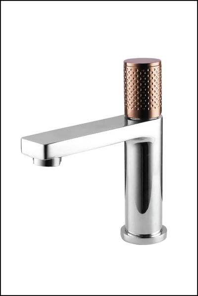 The GABE Standard Basin Mixer - Chrome with Rose Gold Handle