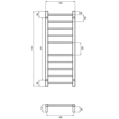 Polished 430 x 1100mm Rnd Non Heated Towel Rail