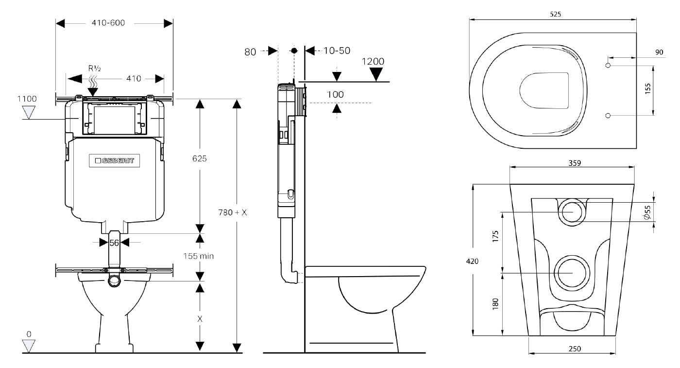 Narva Rimless Floor Pan with Thick seat, Geberit Inwall Cistern & ABS Button
