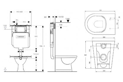 Narva Rimless Floor Pan with thin seat, Inwall Cistern & Brushed Stainless Steel Button