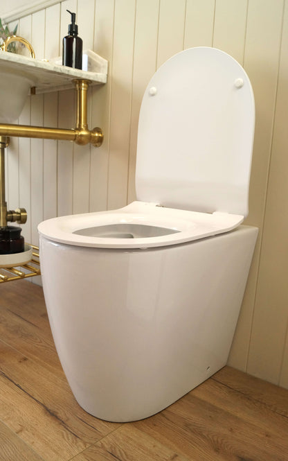 Narva Rimless Floor Pan with Thick seat, Geberit Inwall Cistern & ABS Button
