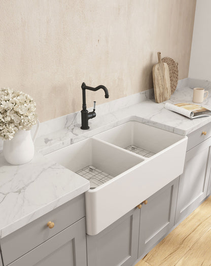 Novi 85x46 Double Bowl Fireclay Butler Sink - Matte White