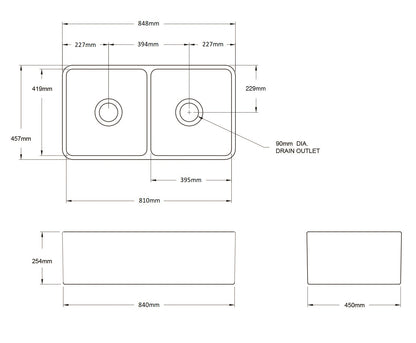 Novi 85x46 Double Bowl Fireclay Butler Sink - Matte White