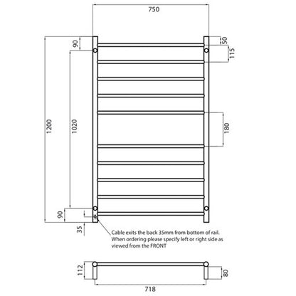 Black 750 x 1200mm Rnd Heated Towel Rail LEFT