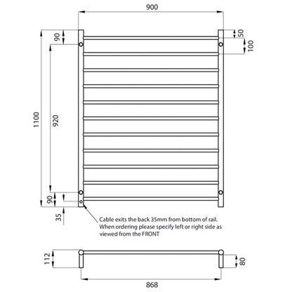 Polished 900 x 1100mm Rnd Heated Towel Rail LEFT