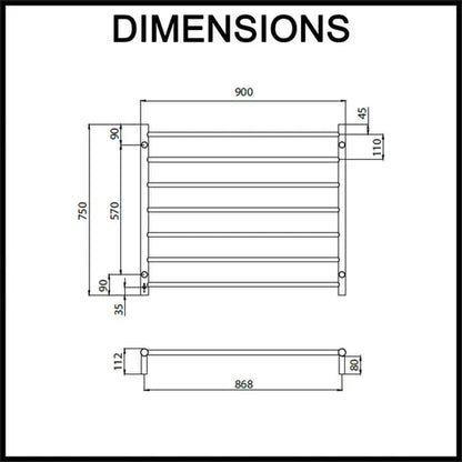 Brushed Satin 900 x 750mm Rnd Heated Towel Rail RIGHT