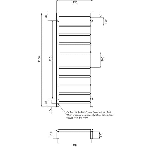 Low Voltage Brushed Satin 430 x 1100mm Rnd Heated Towel Rail LEFT
