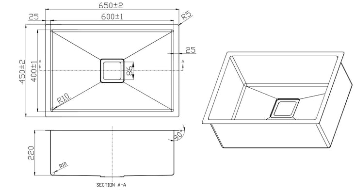 650x450x220mm Single Bowl Stainless Steel Sink