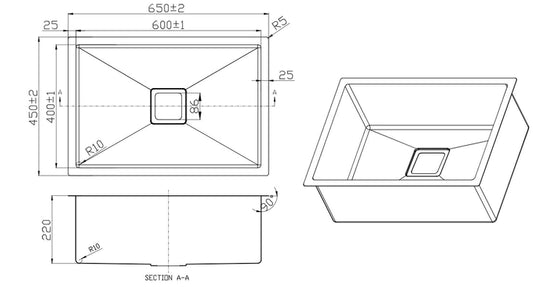 650x450x220mm Single Bowl Stainless Steel Sink