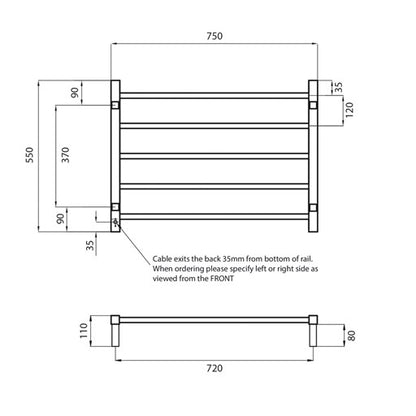 Polished 750 x 550mm Squ Heated Towel Rail LEFT