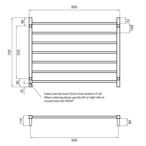 Polished 950 x 750mm Squ Heated Towel Rail LEFT