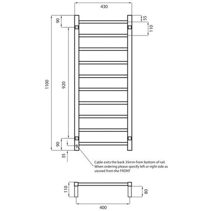 Polished 430 x 1100mm Squ Heated Towel Rail LEFT